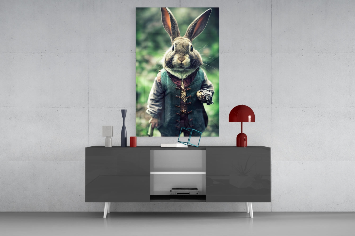 Glass wall art depicting an anthropomorphic rabbit in Victorian clothing displayed above a dark console table in a modern interior setting.