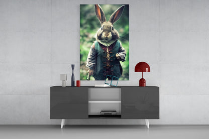 Glass wall art depicting an anthropomorphic rabbit in Victorian clothing displayed above a dark console table in a modern interior setting.