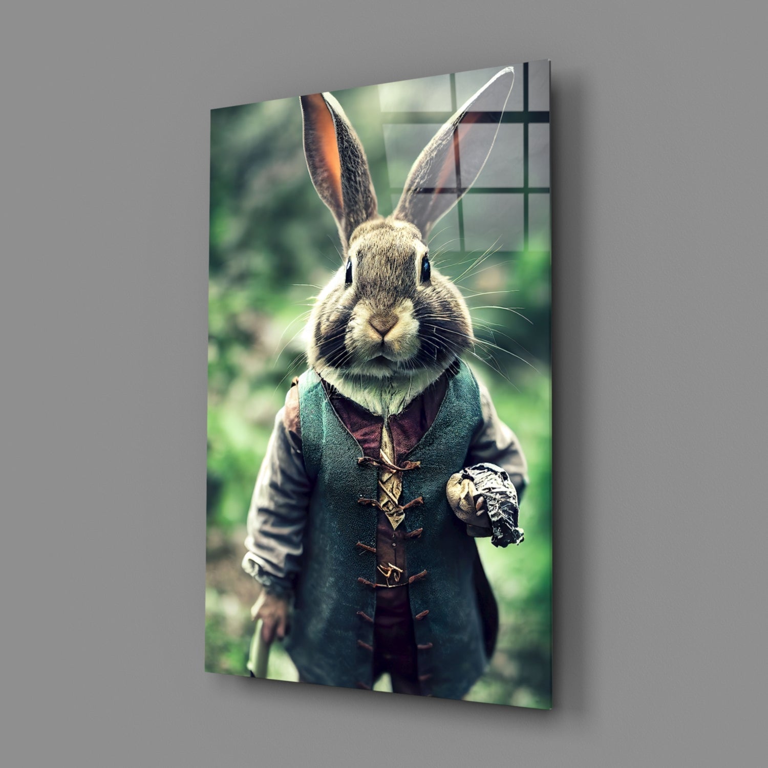 Angled view of glass wall art depicting an anthropomorphic rabbit wearing a teal vest, holding a pinecone, against a blurred green garden background.