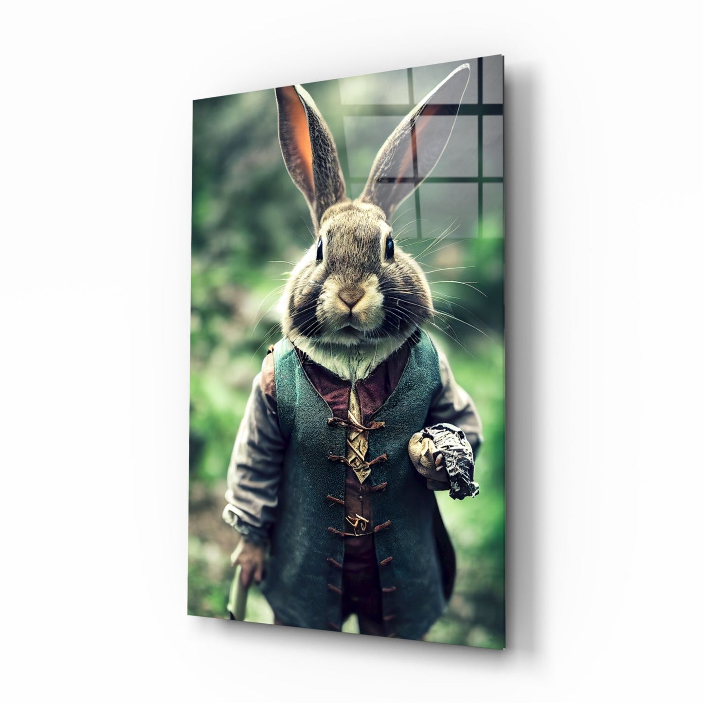Anthropomorphic rabbit wearing a teal and burgundy waistcoat, holding a small skull, displayed as a glass wall panel against blurred green background.