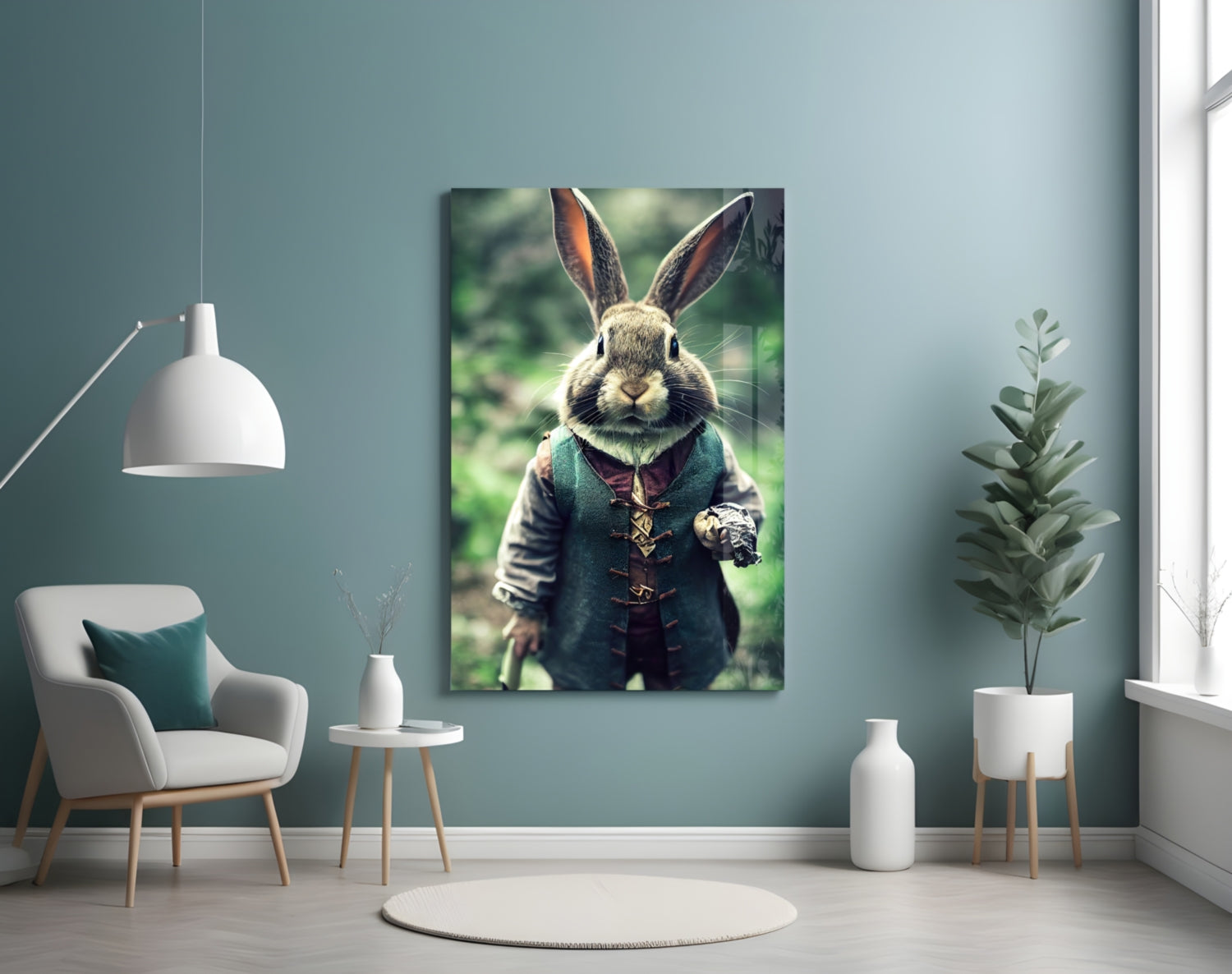 Framed glass wall art depicting an anthropomorphic rabbit wearing a teal velvet jacket displayed in a minimalist room setting.