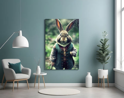 Framed glass wall art depicting an anthropomorphic rabbit wearing a teal velvet jacket displayed in a minimalist room setting.