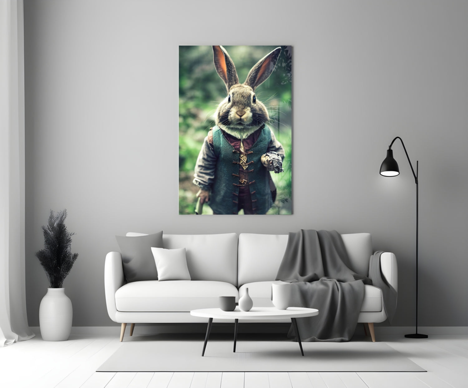Glass wall art depicting an anthropomorphic rabbit in period clothing displayed above a white sofa in a modern living room.