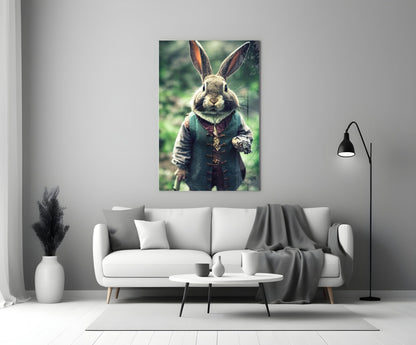 Glass wall art depicting an anthropomorphic rabbit in period clothing displayed above a white sofa in a modern living room.
