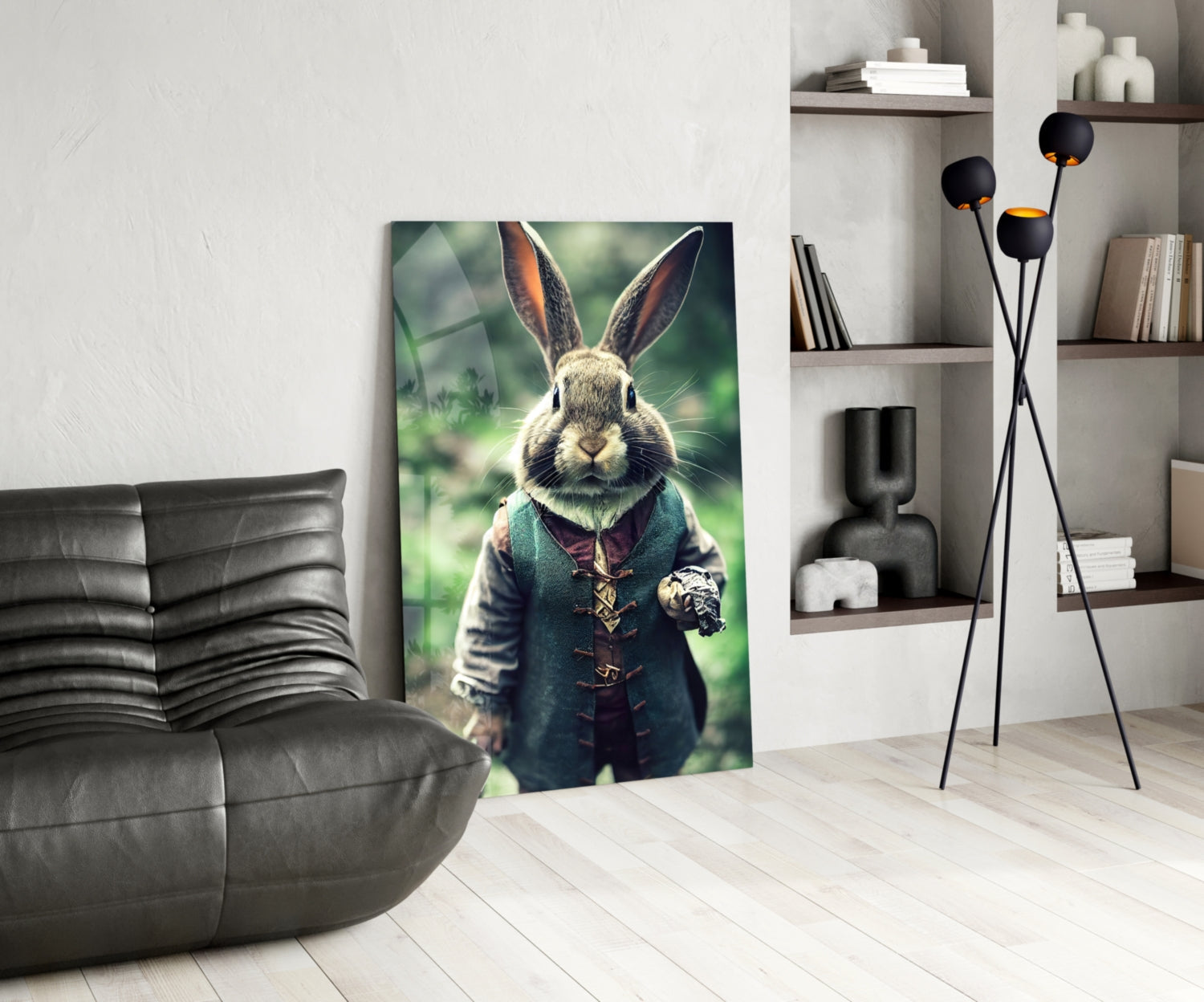 Anthropomorphic rabbit wearing green vest displayed on glass wall art in modern living room with gray sofa and shelving.