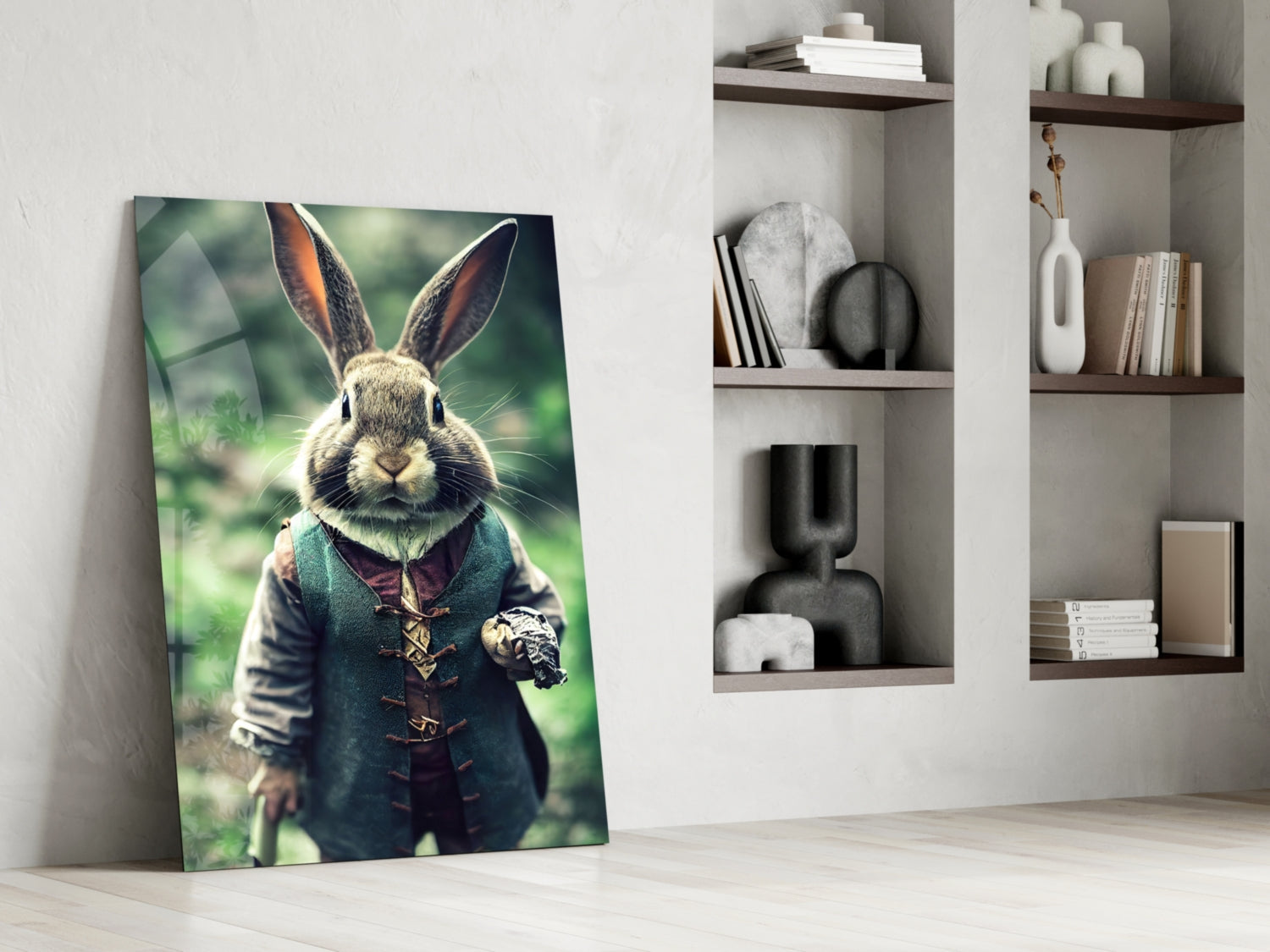 Glass wall art leaning against white wall displays anthropomorphic rabbit in teal jacket against green blurred background.