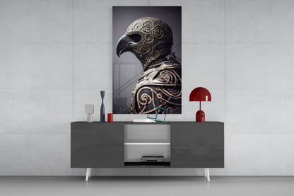 Ornate bird helmet artwork displayed on white wall above gray console table with red lamp and decorative objects.