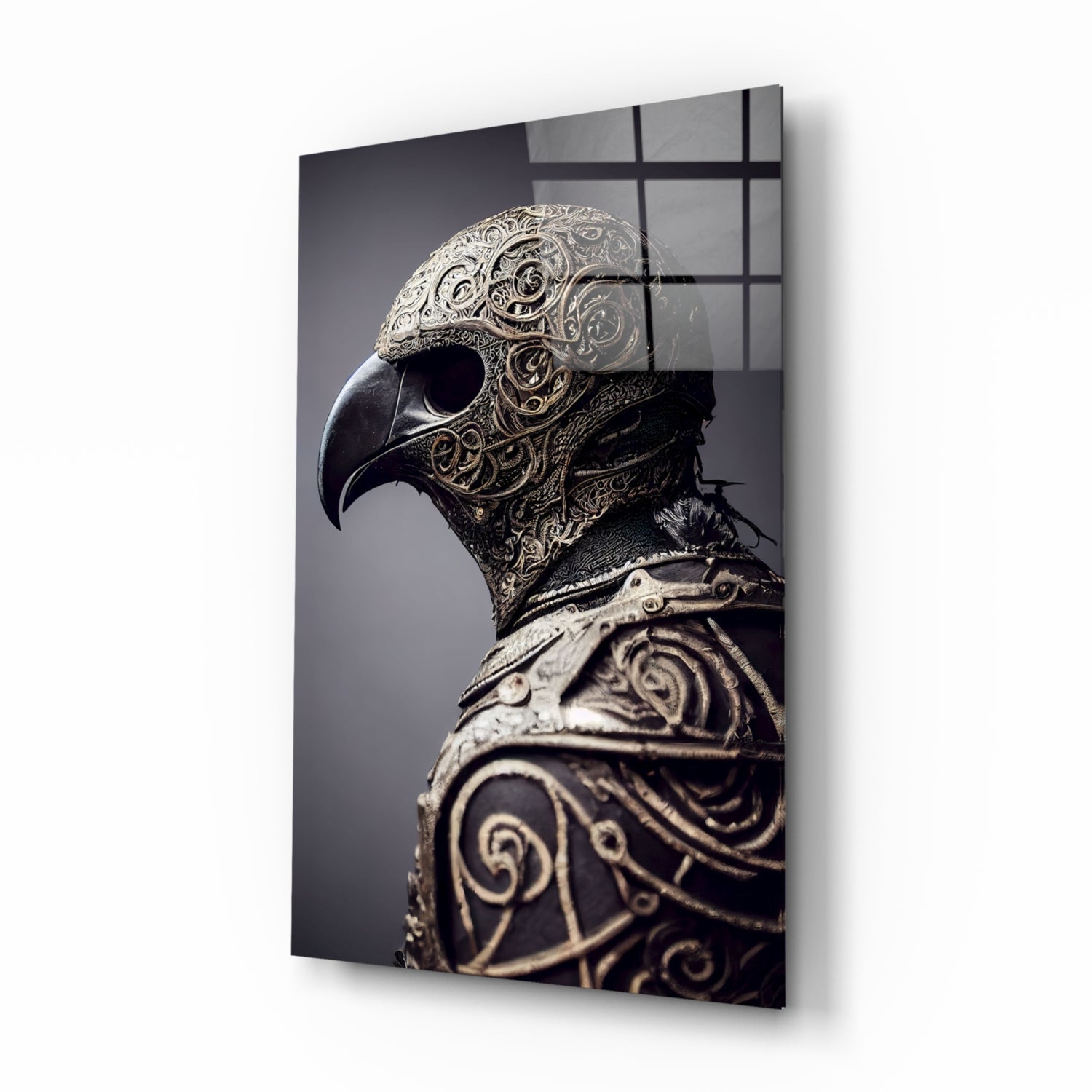Ornate metallic bird helmet sculpture in profile against gray background, displayed on black-gridded glass panel.
