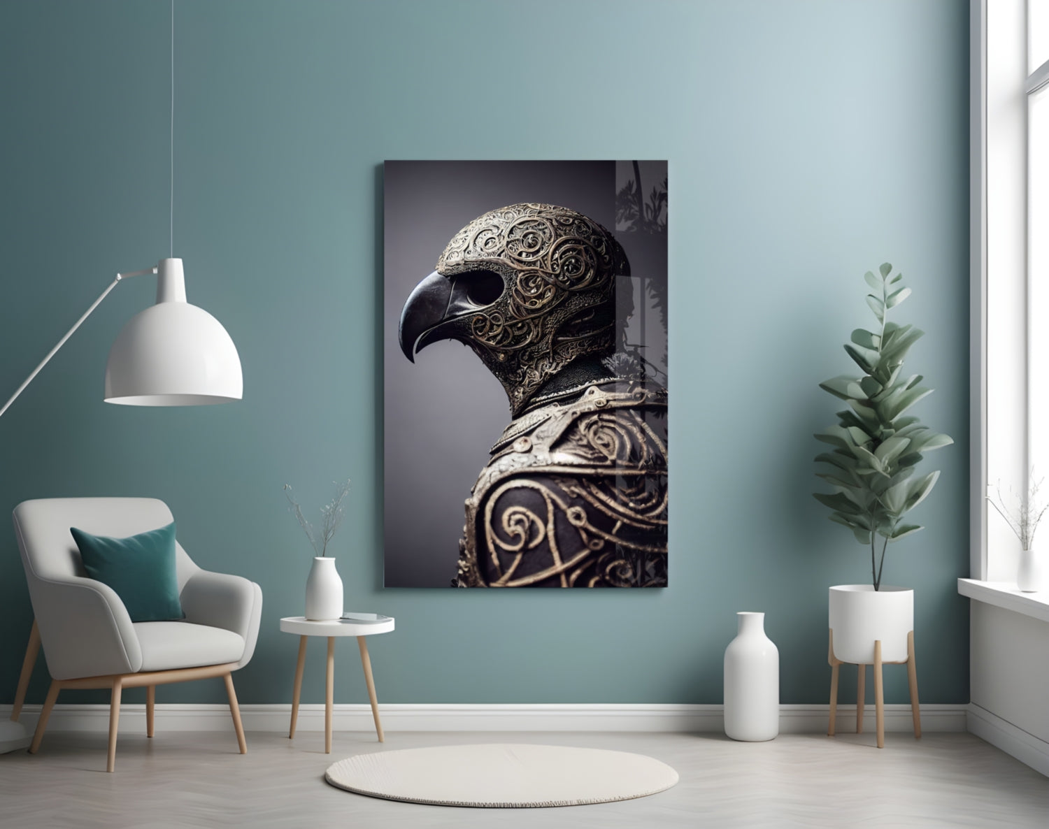 Ornate golden bird head sculpture with intricate scrollwork displayed on teal wall in minimalist room setting.