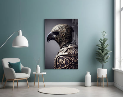 Ornate golden bird head sculpture with intricate scrollwork displayed on teal wall in minimalist room setting.