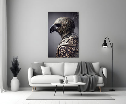 Ornate metallic eagle head sculpture with intricate scrollwork displayed on white wall above gray sofa in modern interior.