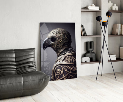 Ornate black and gold bird helmet artwork displayed vertically in modern living room with leather chair and shelving.