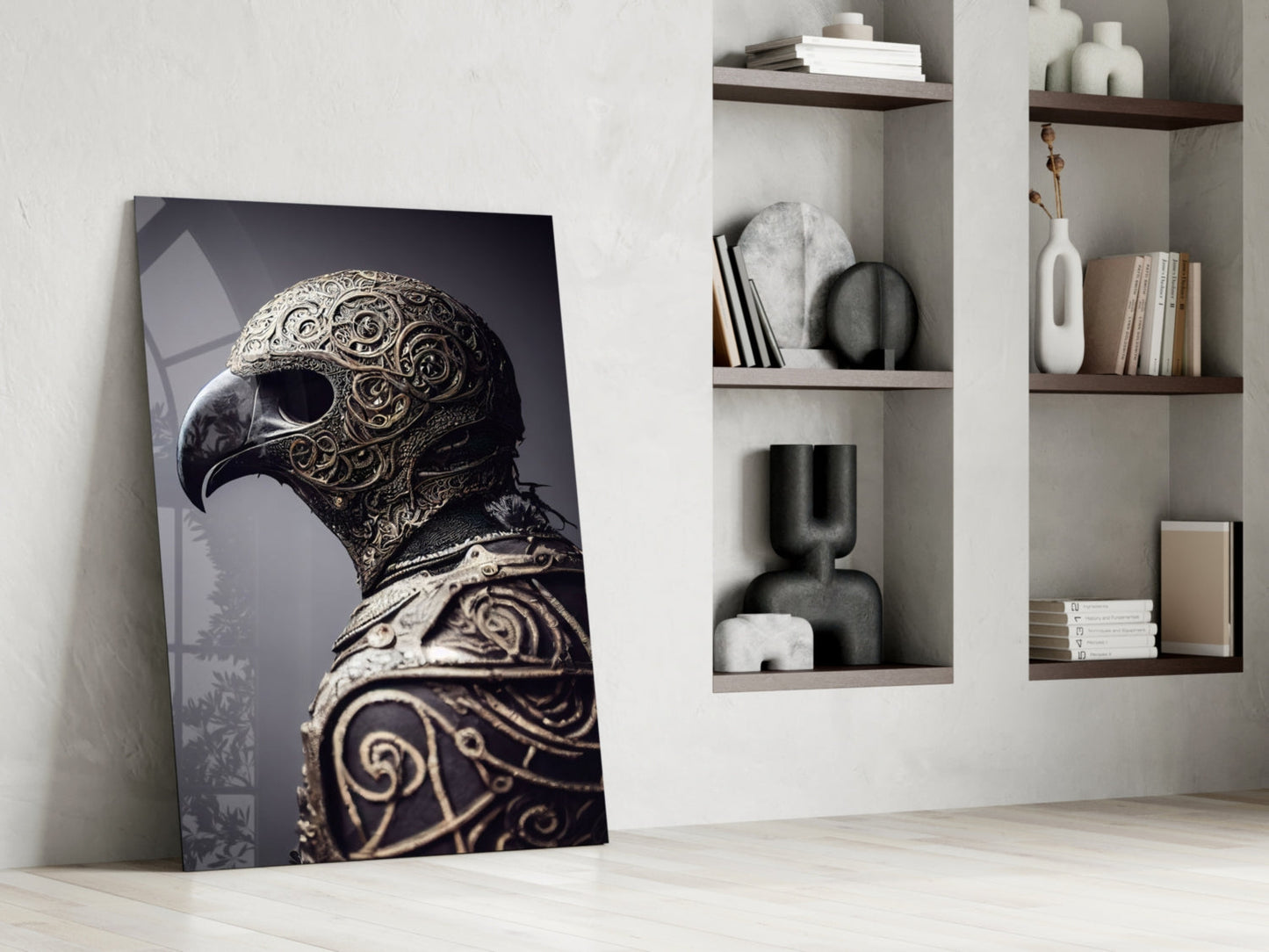Ornate gold-detailed bird helmet canvas leaning against white wall beside shelving with books and decorative objects.