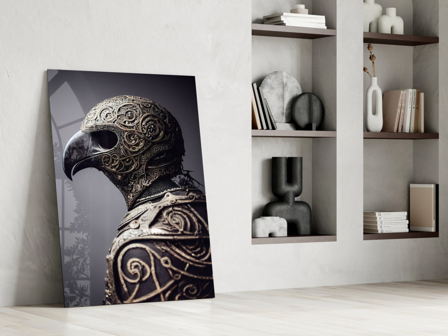 Ornate gold-detailed bird helmet canvas leaning against white wall beside shelving with books and decorative objects.