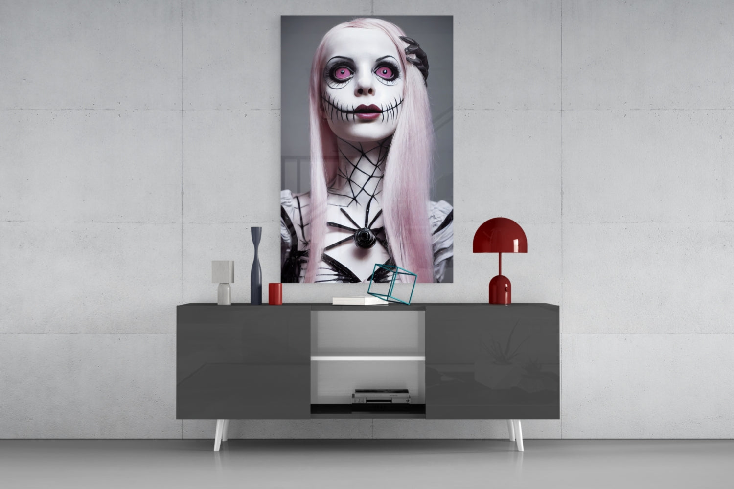Glass wall art featuring pale-skinned figure with pink hair, stitched mouth, and pink eyes displayed above gray console table with red lamp and decorative objects.