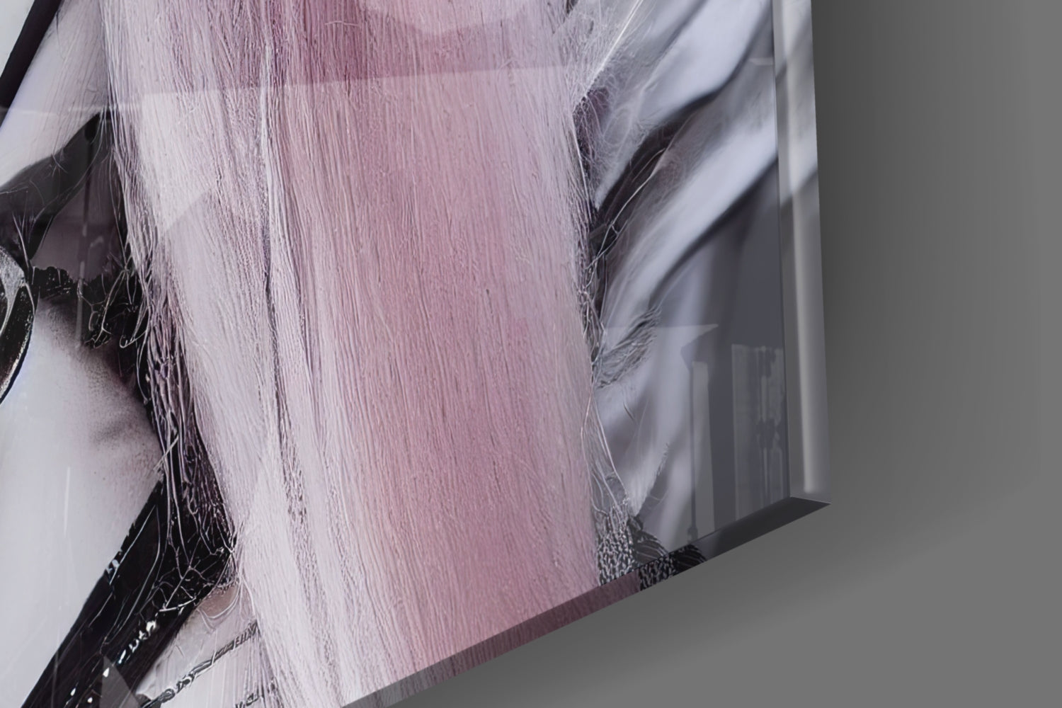 Close-up detail of Puppet Glass Wall Art showing layered pink and white translucent glass with black structural elements and fine linear textures.