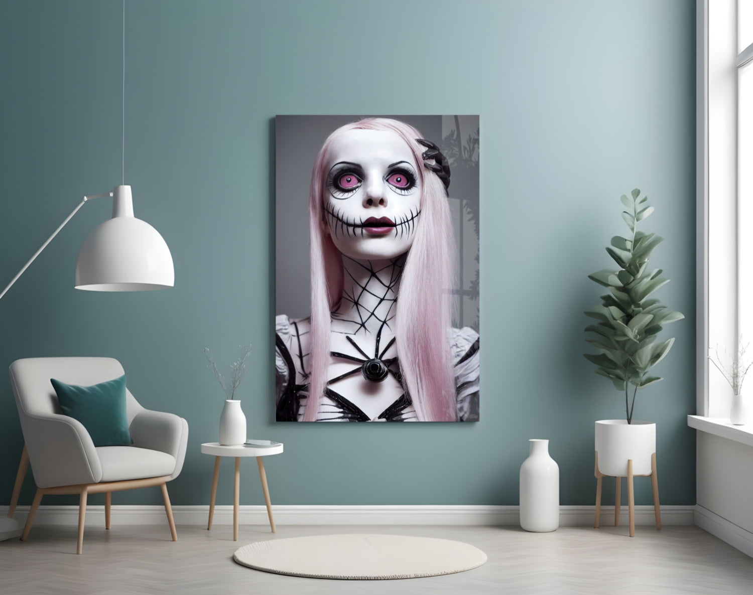 Glass wall art depicting a pale-faced figure with pink hair, black stitched mouth, and pink eyes displayed in a modern turquoise room.