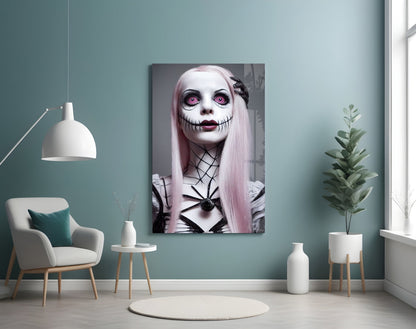 Glass wall art depicting a pale-faced figure with pink hair, black stitched mouth, and pink eyes displayed in a modern turquoise room.