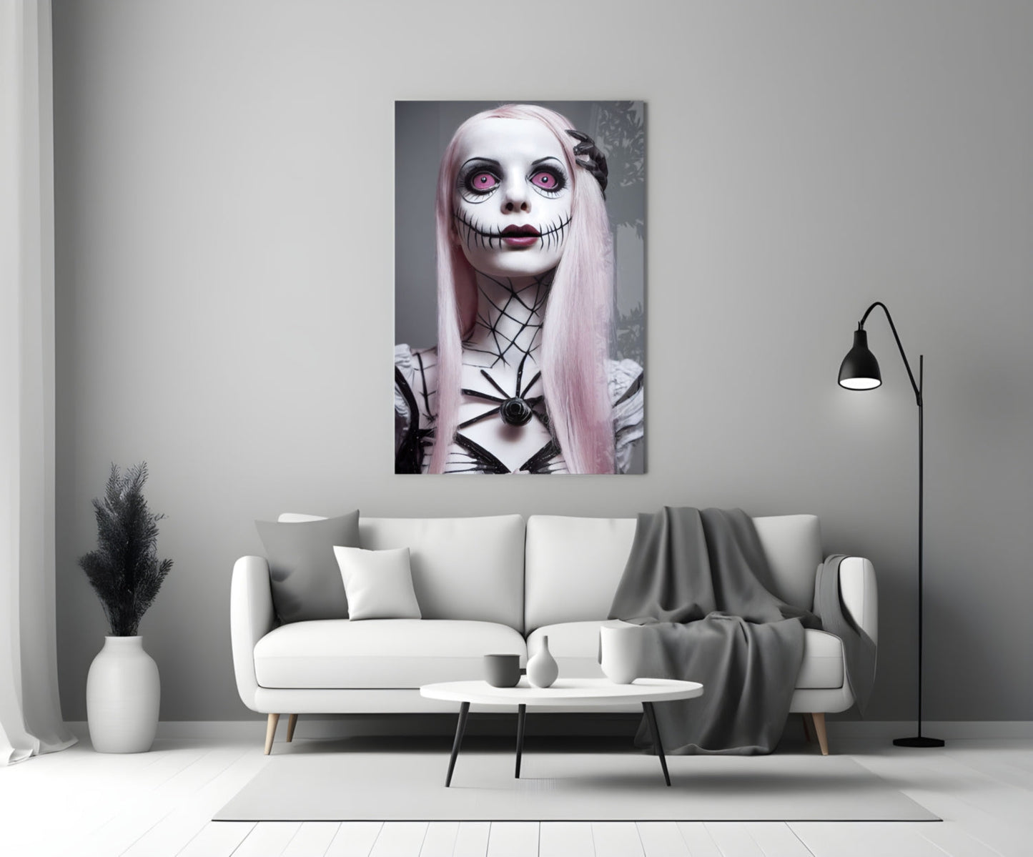 Glass wall art print featuring a pale-skinned figure with pink hair, stitched mouth design, and magenta eyes displayed above a white sofa.