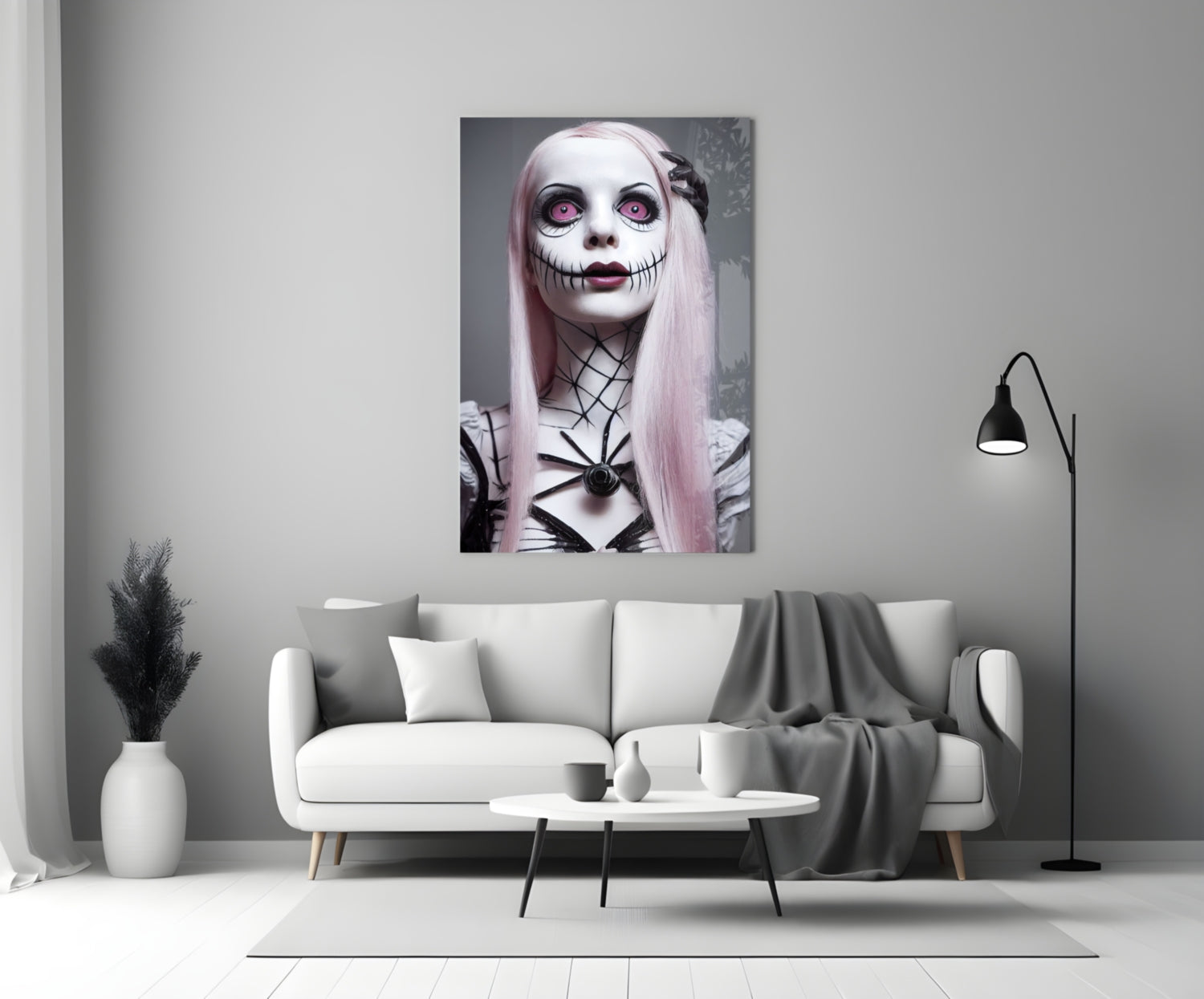 Glass wall art print featuring a pale-skinned figure with pink hair, stitched mouth design, and magenta eyes displayed above a white sofa.