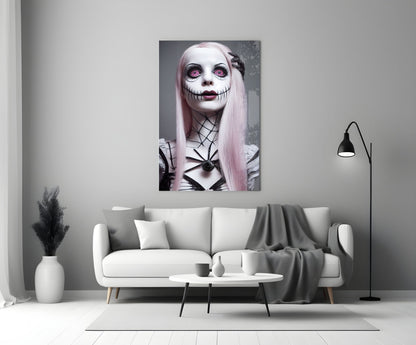 Glass wall art print featuring a pale-skinned figure with pink hair, stitched mouth design, and magenta eyes displayed above a white sofa.