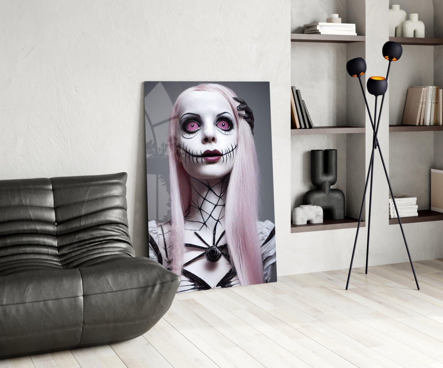 Glass wall art featuring pale-skinned figure with pink hair, pink eyes, and stitched mouth design displayed in modern living room setting.