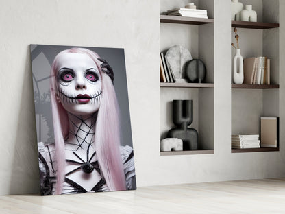 Glass wall art leaning against white wall displays pale-skinned figure with pink hair, pink eyes, and black stitched mouth design.