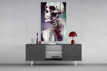 Modern living room display with skeletal anatomy artwork above dark gray sideboard holding red dome lamp and decorative objects.
