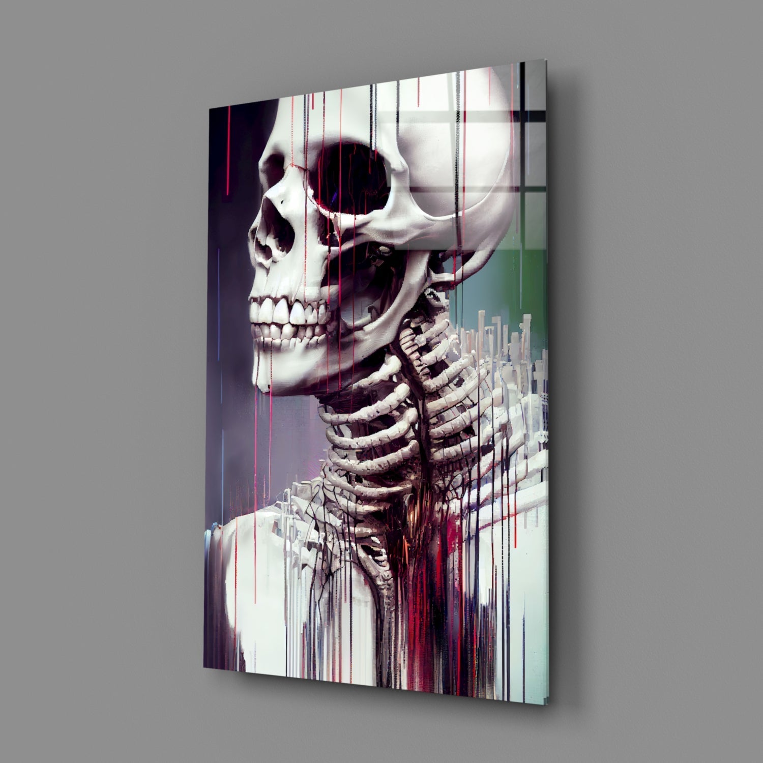 Angled view of glass art panel displaying anatomical skeleton with skull and ribcage overlaid with glitch effect and color gradients in red, white, and teal.