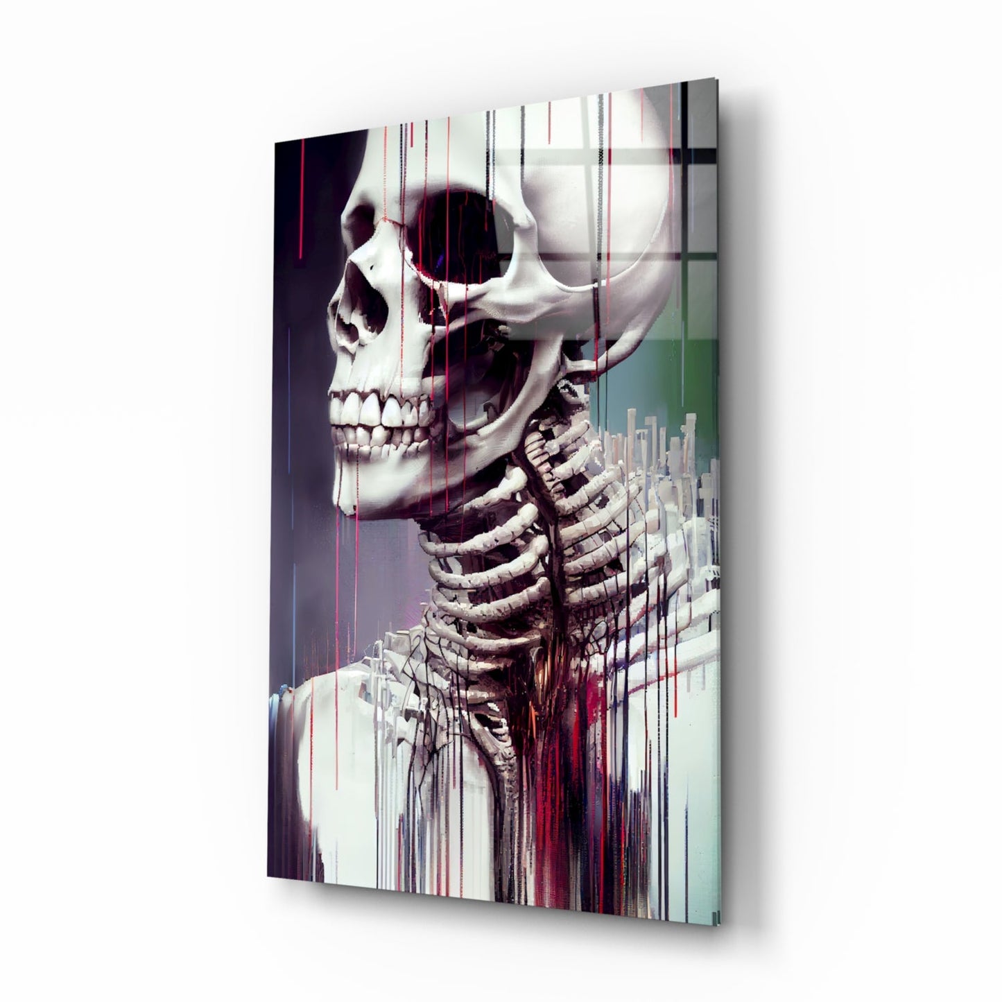 Anatomical skeleton and skull with ribcage displayed on glass art panel with vertical streaks of red, white, and green gradient coloring, angled three-quarter view.