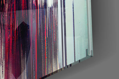 Close-up angled view of layered glass art with red, blue, and white color gradients and printed architectural imagery, right edge showing pale green panel.