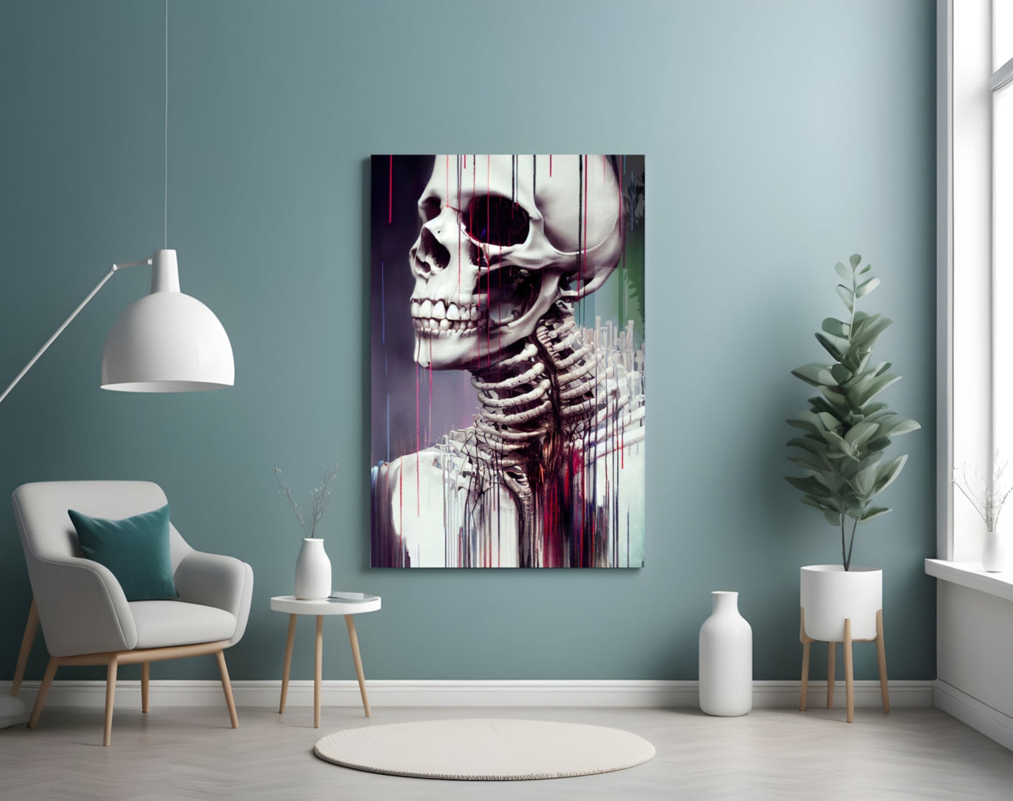 Modern interior featuring teal wall with anatomical skeleton artwork in white, red, and purple tones displayed above white chair and potted plant.