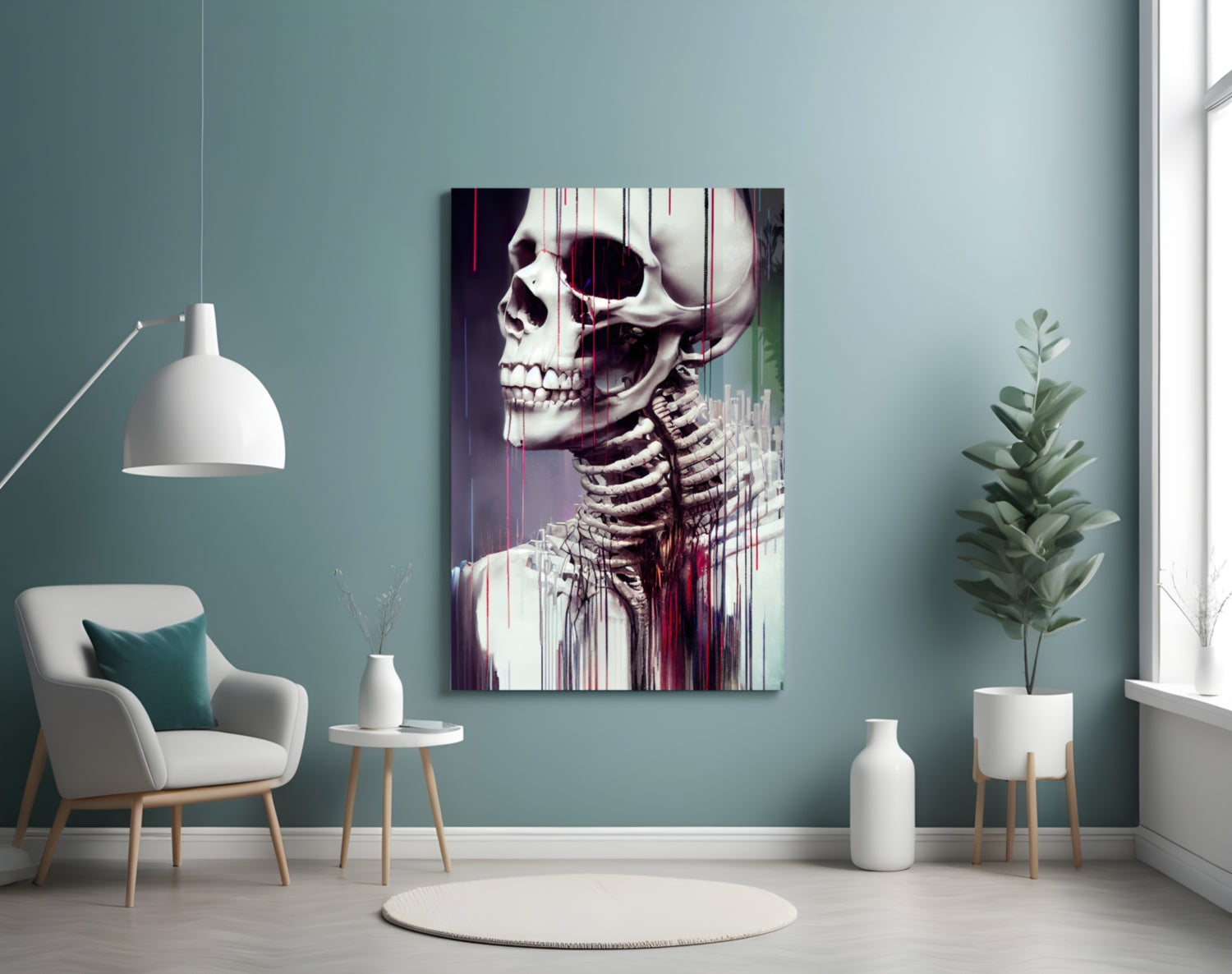 Modern interior featuring teal wall with anatomical skeleton artwork in white, red, and purple tones displayed above white chair and potted plant.
