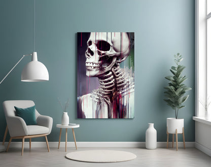 Modern interior featuring teal wall with anatomical skeleton artwork in white, red, and purple tones displayed above white chair and potted plant.