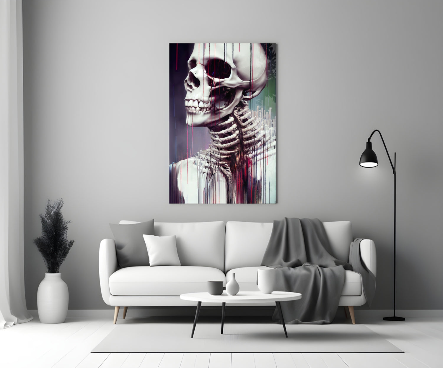 Modern living room with white sofa displaying skeletal anatomical glass art print with glitch effect above.