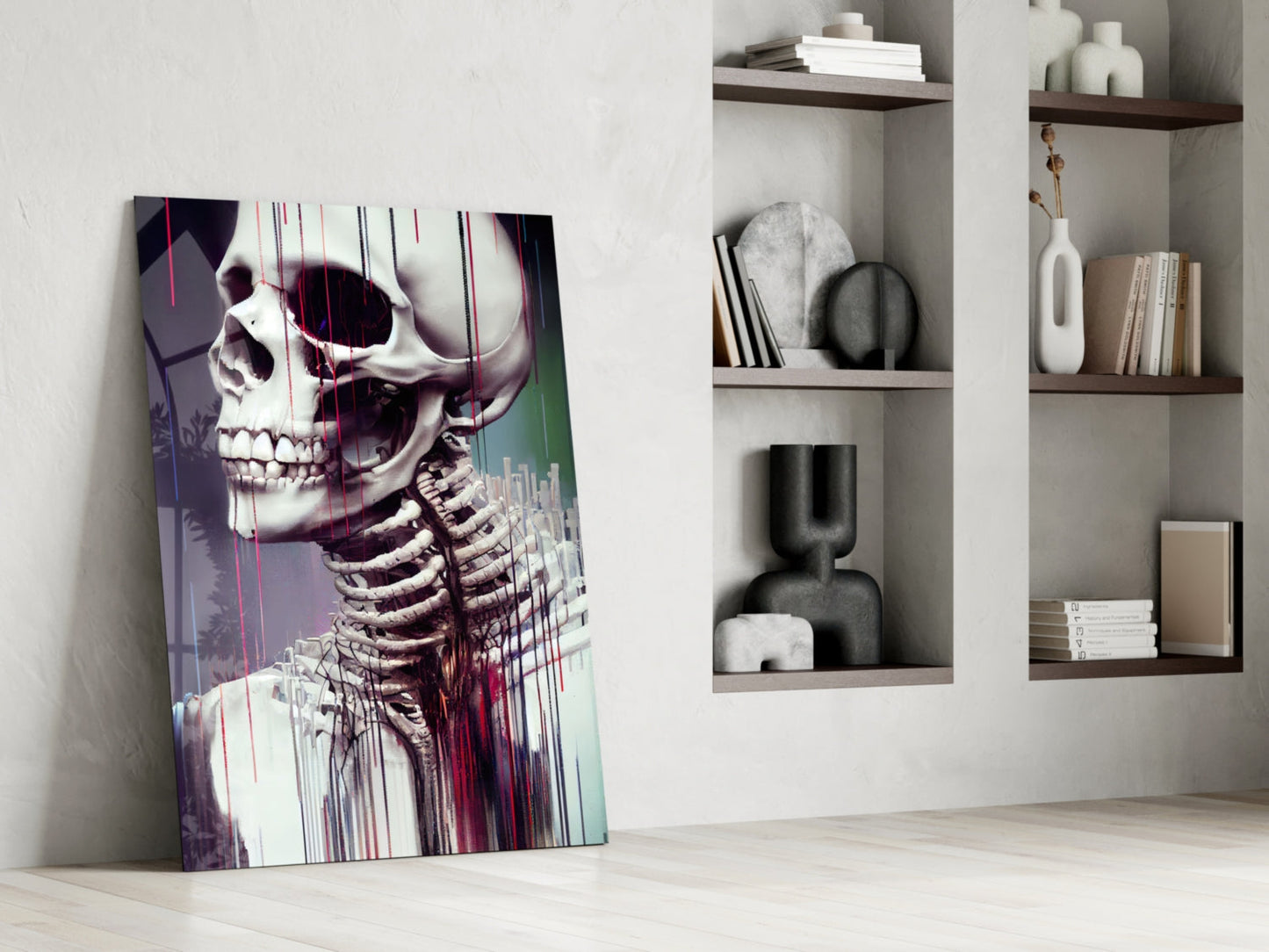 Abstract anatomical skeleton artwork with glitch effect in purple, red, and teal tones leaning against white wall beside shelving.