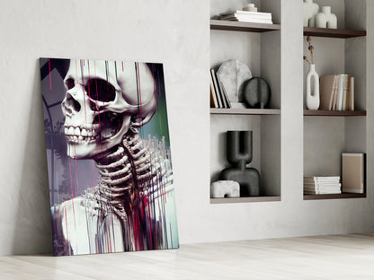 Abstract anatomical skeleton artwork with glitch effect in purple, red, and teal tones leaning against white wall beside shelving.
