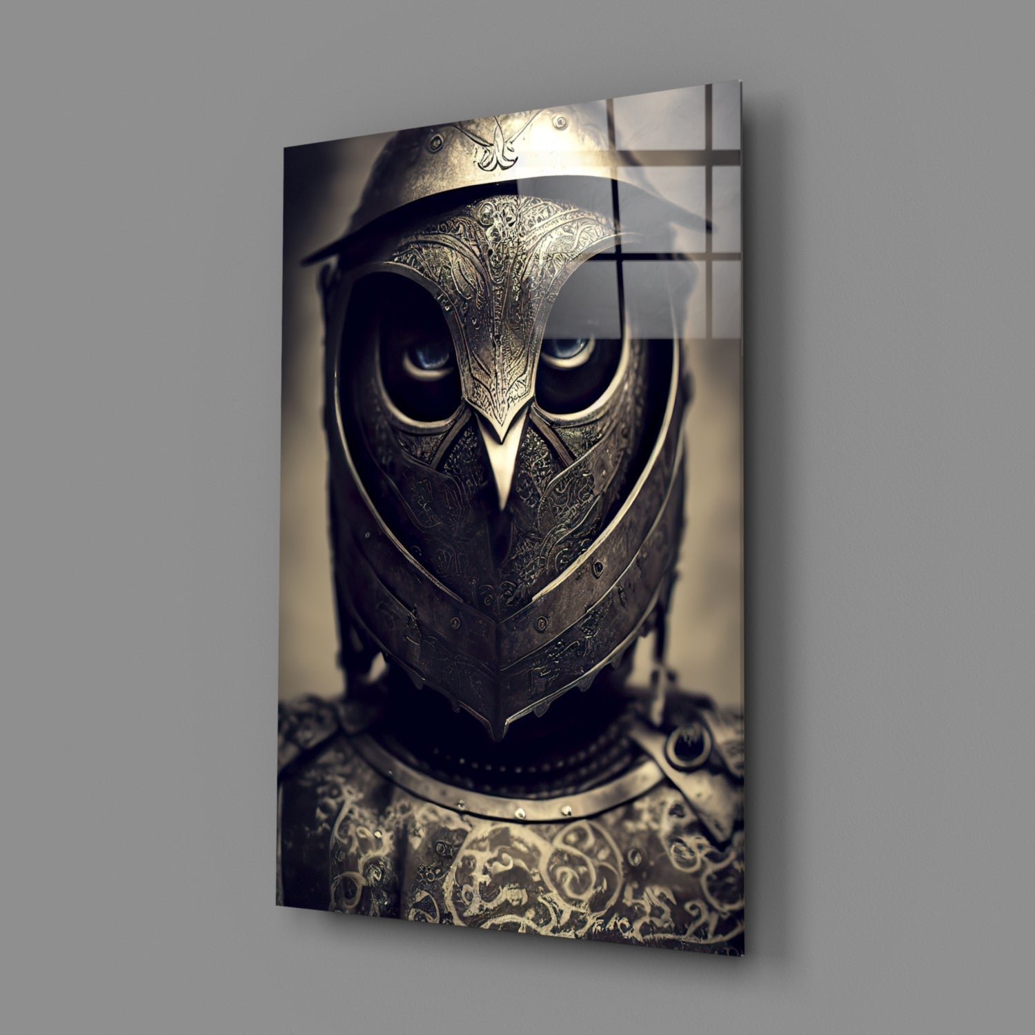 Ornate metal owl helmet with intricate engraved details and glowing eyes mounted on gray wall.