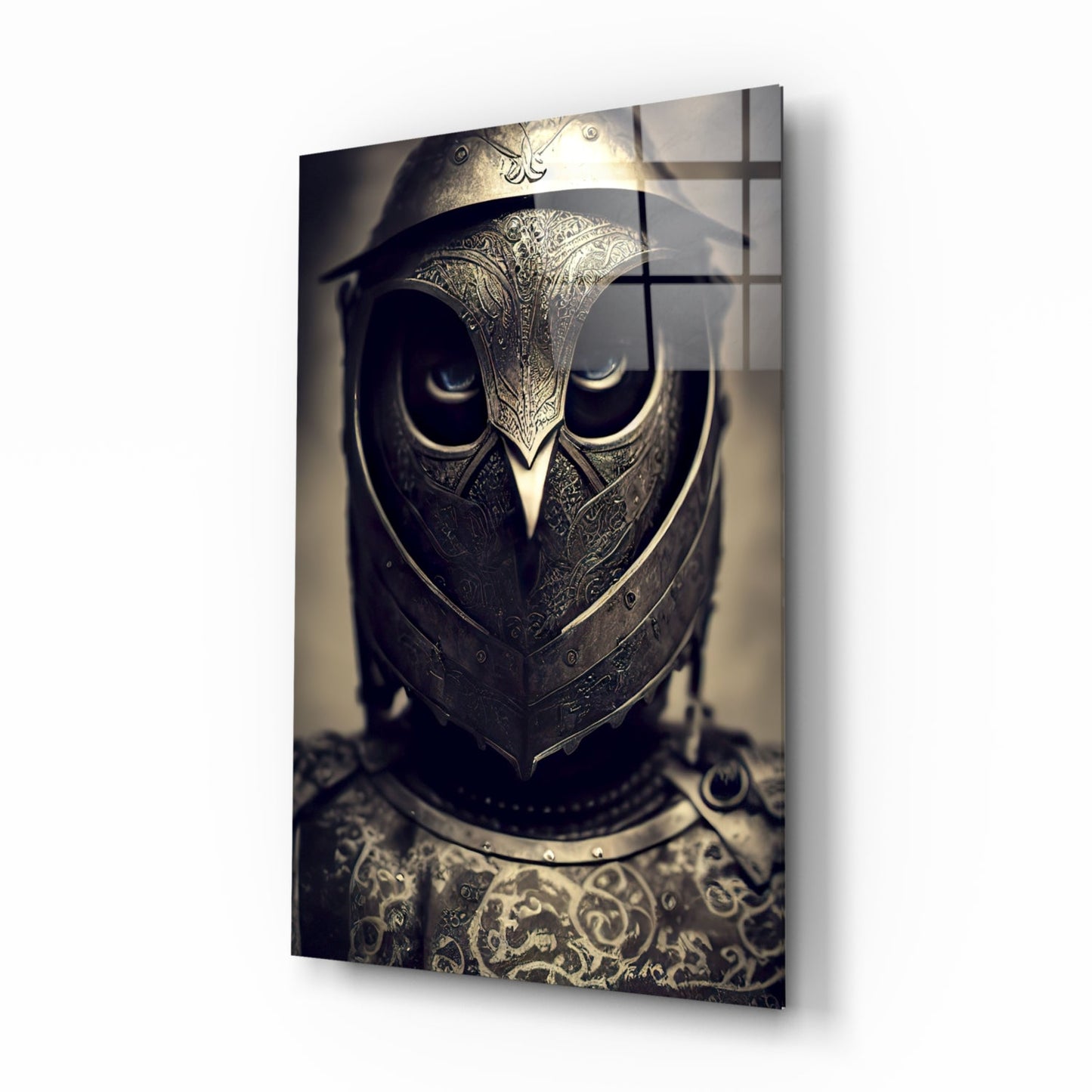 Ornate owl-shaped metal helmet with intricate filigree detailing and glowing eyes, displayed at three-quarter angle against neutral background.