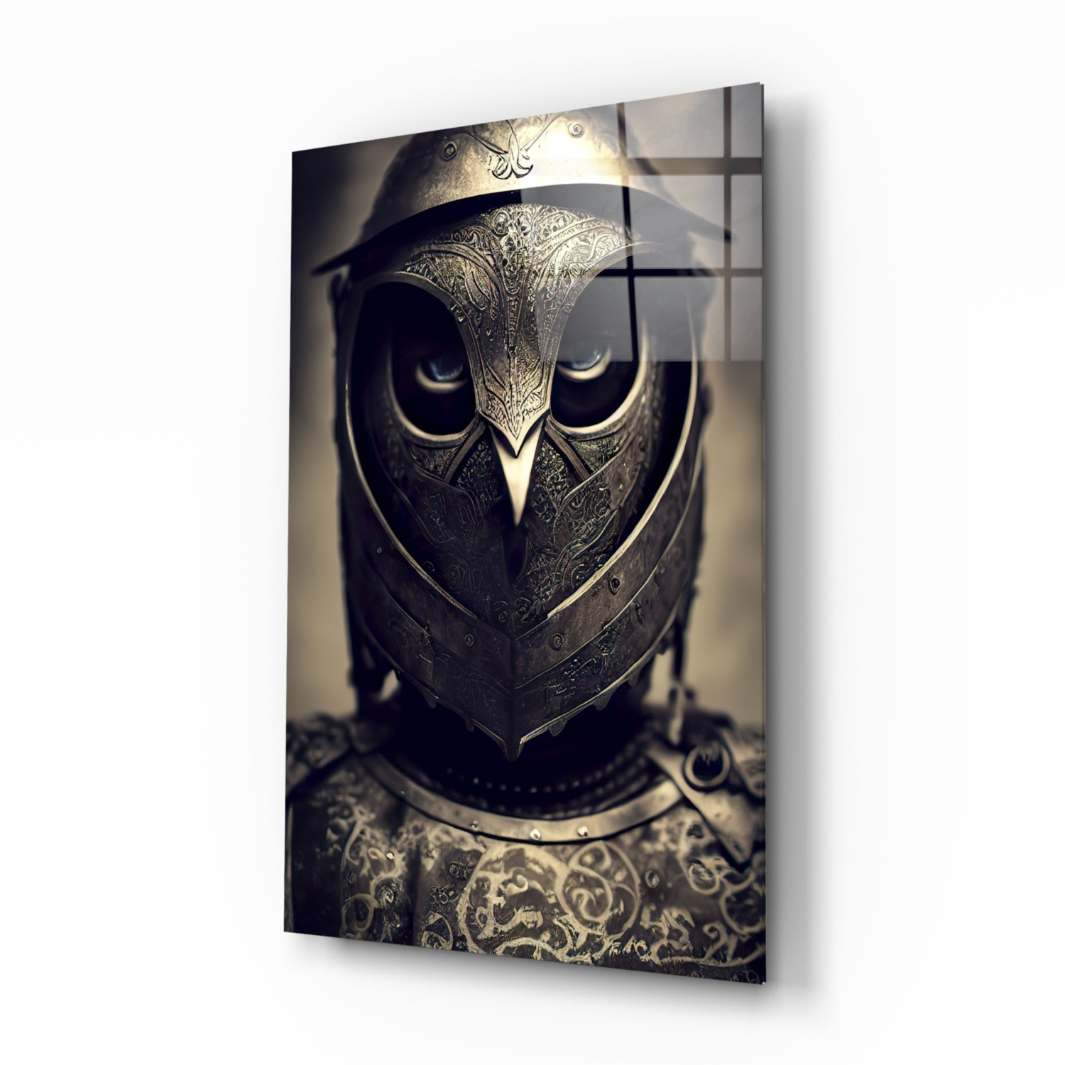 Ornate owl-shaped metal helmet with intricate filigree detailing and glowing eyes, displayed at three-quarter angle against neutral background.