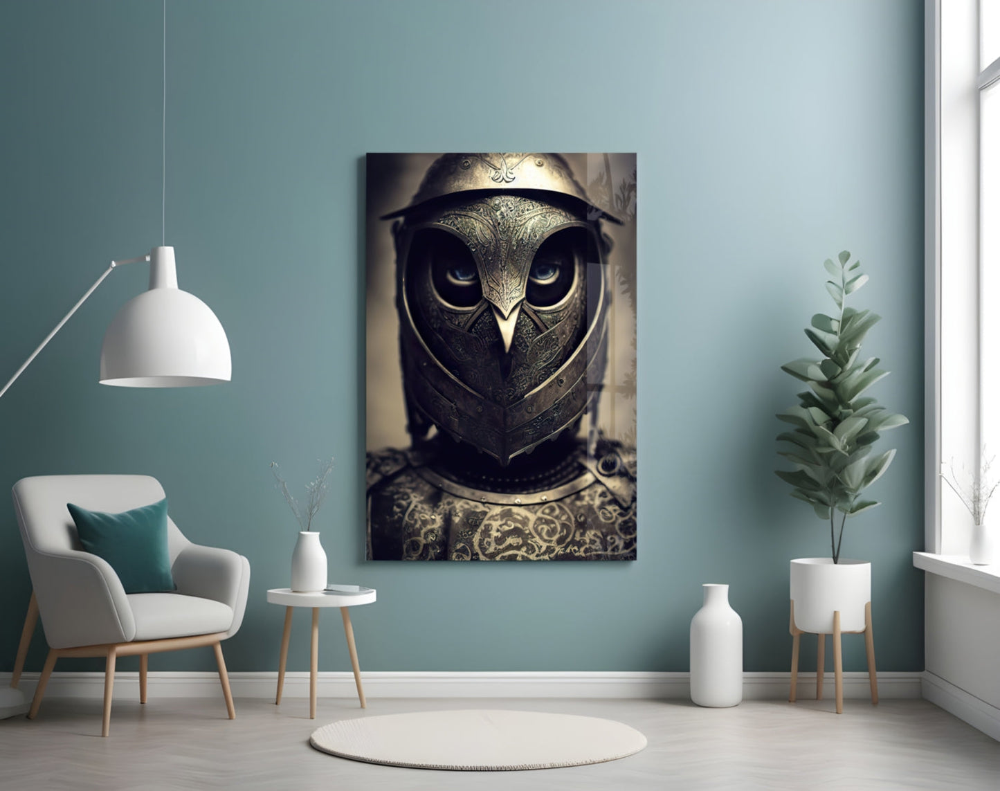 Ornate metallic owl head with glowing eyes and decorative armor plating displayed on turquoise wall above minimalist furniture.