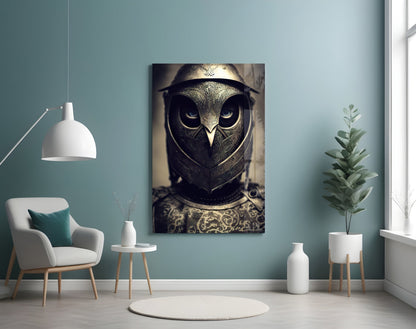 Ornate metallic owl head with glowing eyes and decorative armor plating displayed on turquoise wall above minimalist furniture.