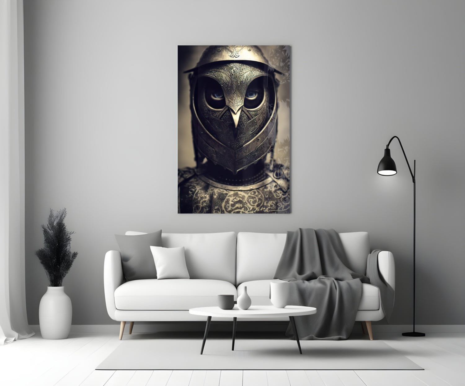 Sepia-toned glass wall art depicting an owl wearing ornate medieval armor, displayed above a white sofa in a modern living room.