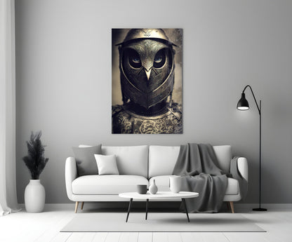 Sepia-toned glass wall art depicting an owl wearing ornate medieval armor, displayed above a white sofa in a modern living room.
