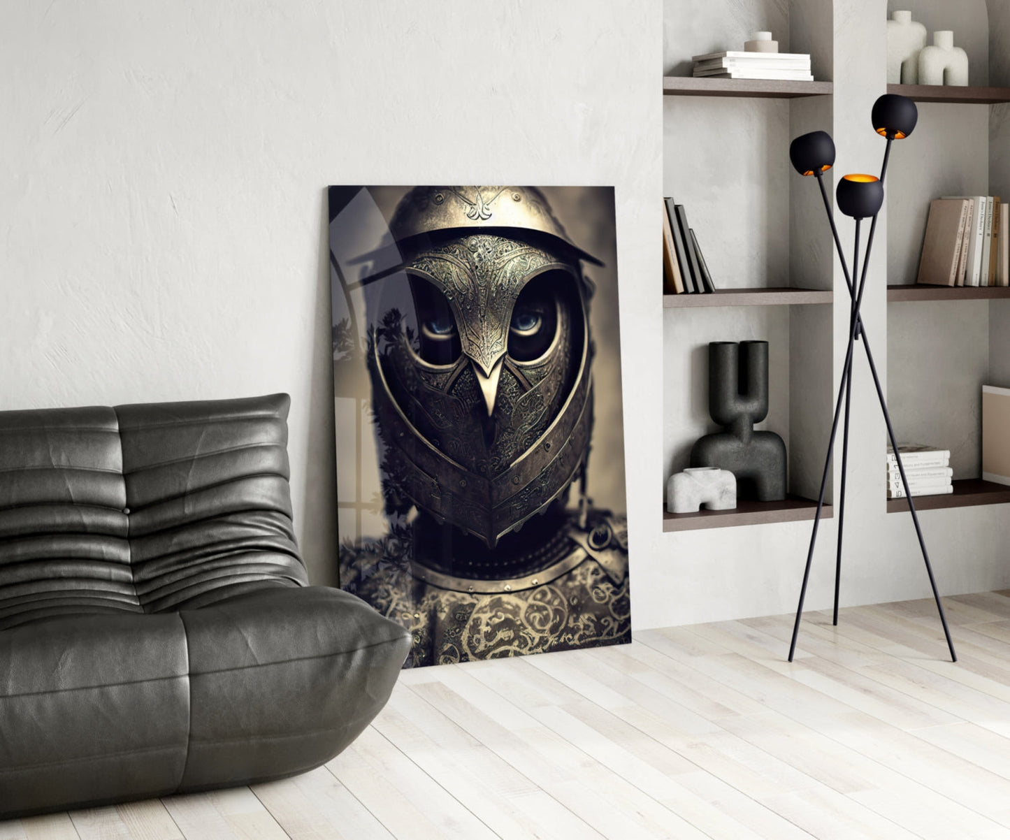 Ornate armored owl portrait displayed on floor leaning against wall in modern living room setting.