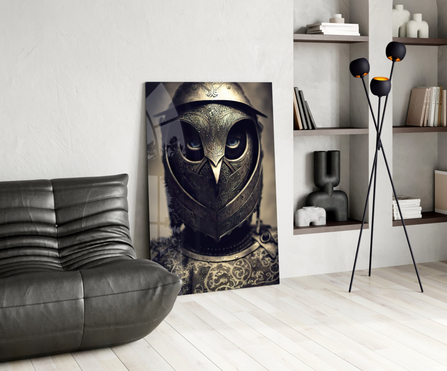 Ornate armored owl portrait displayed on floor leaning against wall in modern living room setting.