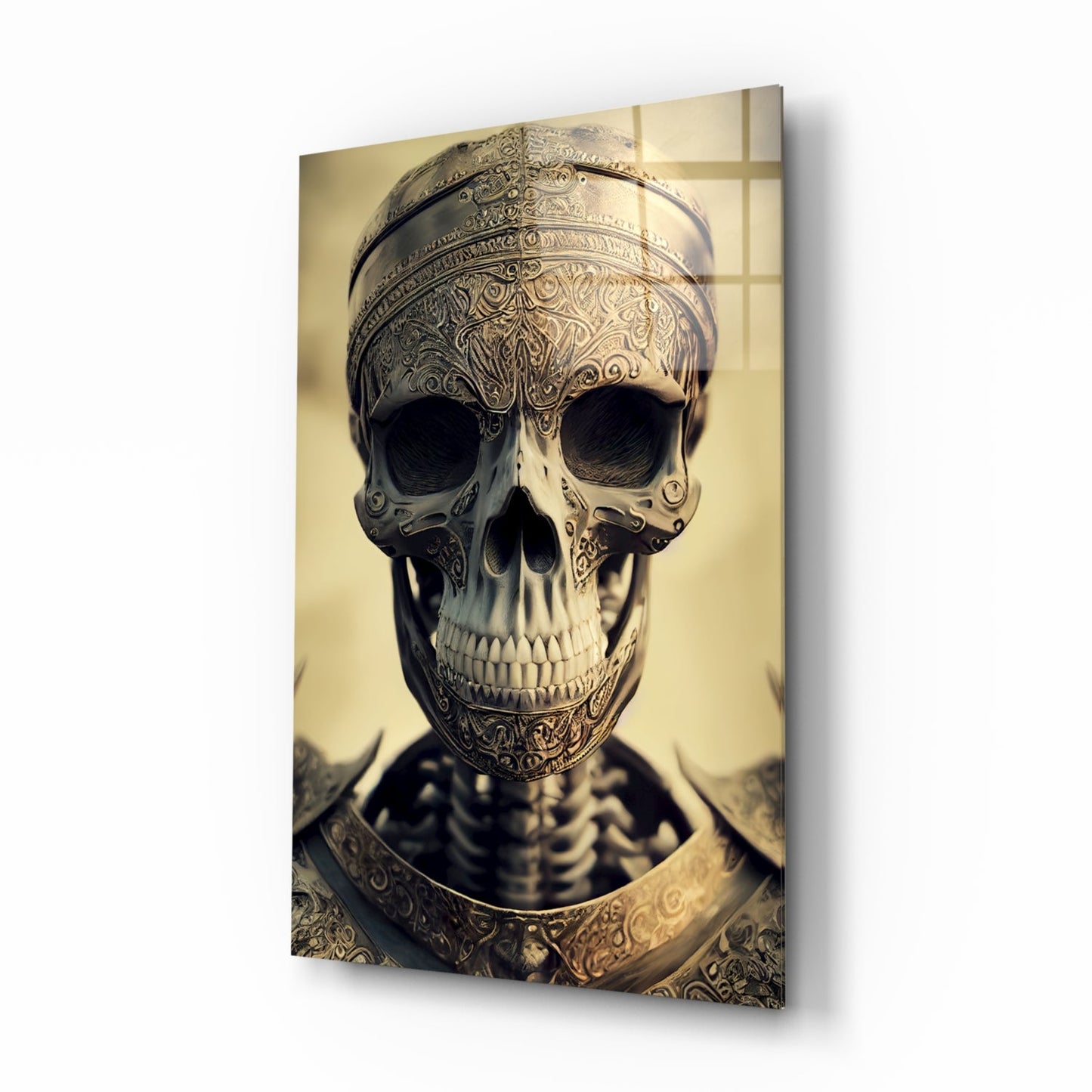 Ornate golden skull with intricate filigree detailing and skeletal chest armor against warm beige background on glass panel.