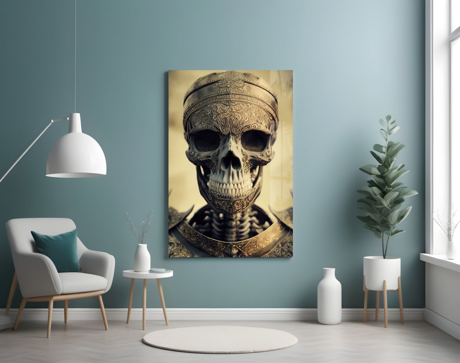 Ornate golden skull artwork displayed on turquoise wall above white chair and potted plant in modern interior setting.