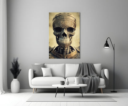Ornate golden skull wearing decorative headpiece and armor, displayed on white living room wall above sofa.