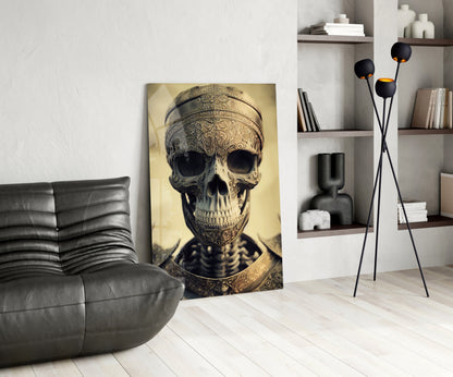 Ornate skull artwork in sepia tones displayed in modern living room with leather chair and wall shelving.